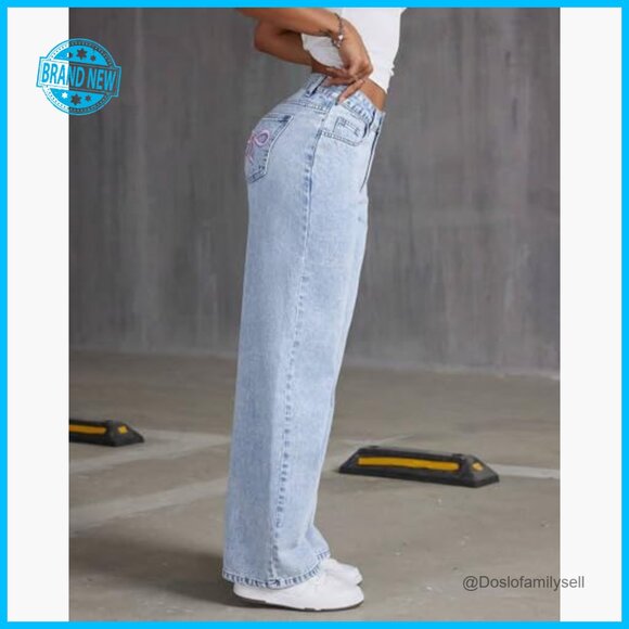 Y2K Low Rise Wide Leg Boyfriend Jeans Bow Embroidery Straight Leg Denim - Picture 6 of 7